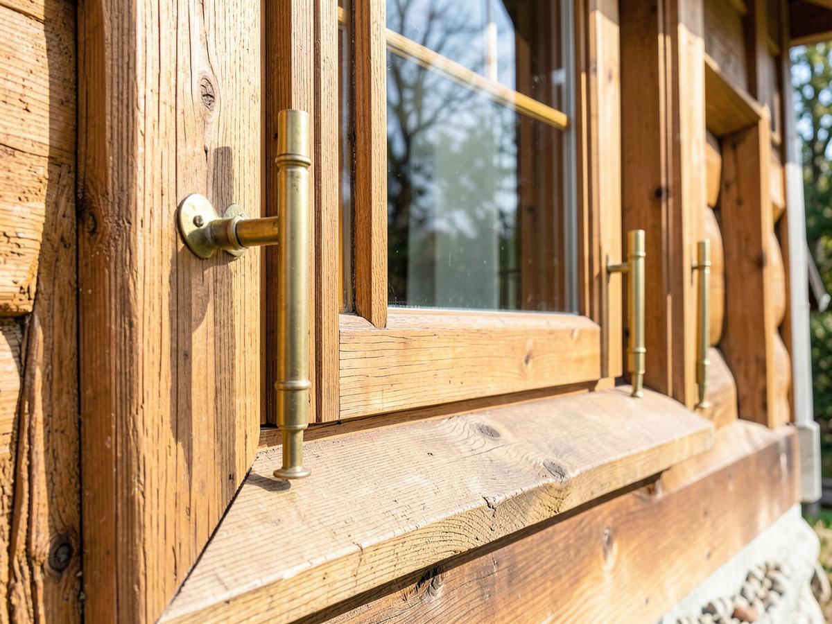 Handwerklich gefertigtes Holzfenster mit Messingbeschlägen