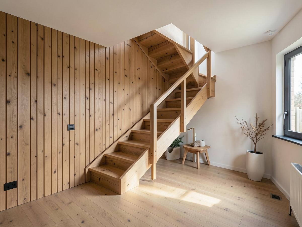 Innenausbau mit Holztreppe und Wandverkleidung aus Eiche