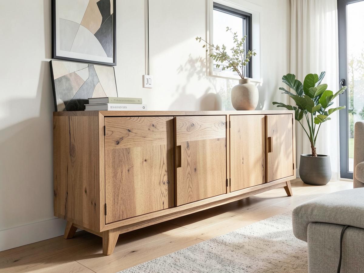 Sideboard aus massiver Eiche in einem hellen Wohnraum